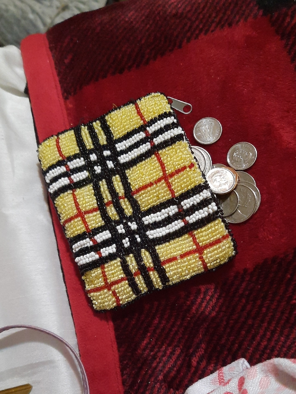 🌞 Designer Inspired Beaded Yellow Black Red White Plaid Coin Purse EUC